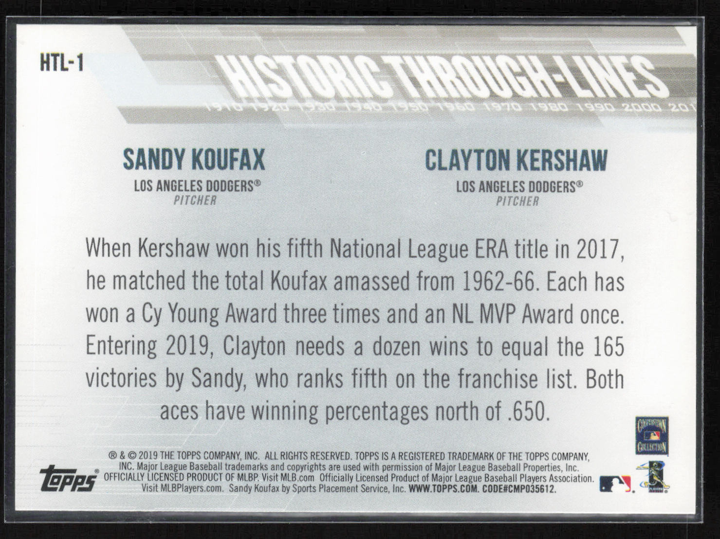 2019 Topps #HTL-1 Sandy Koufax / Clayton Kershaw Historic Through-Lines