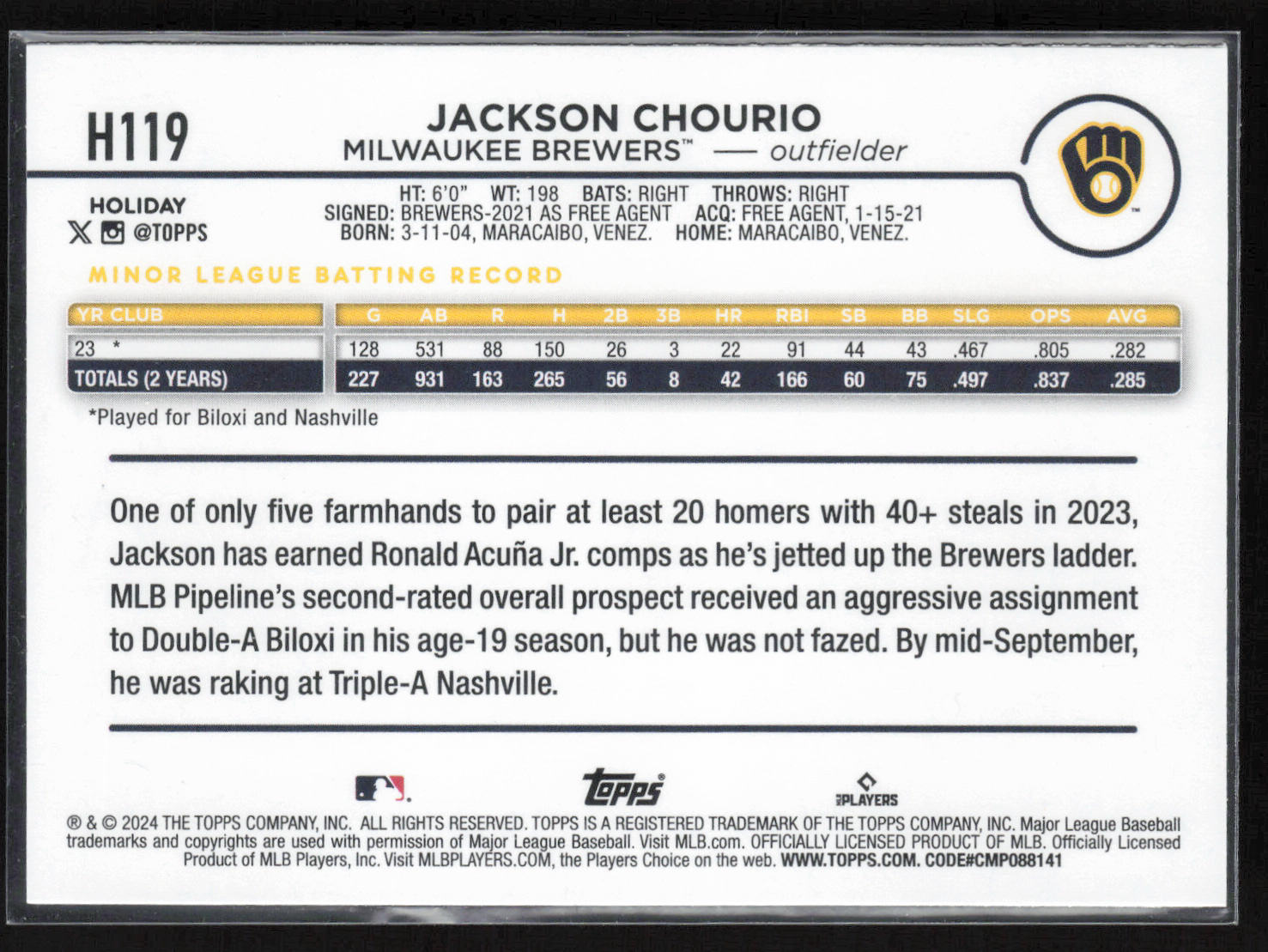 2024 Topps Holiday #H119 Jackson Chourio