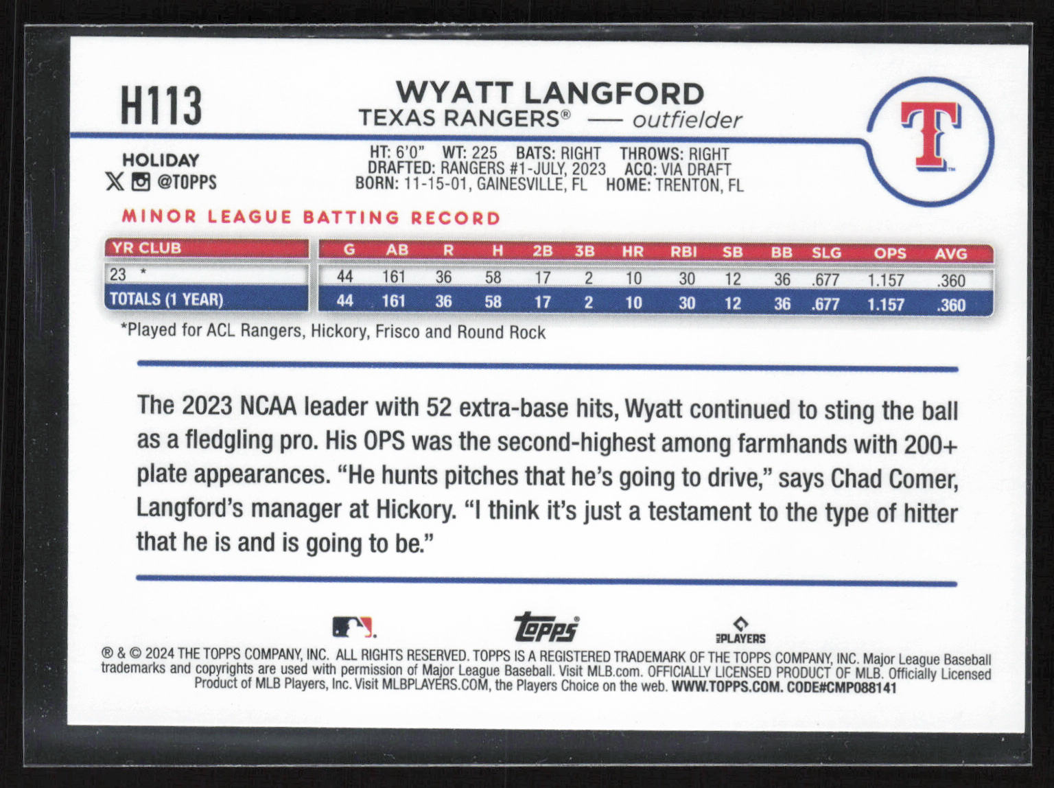 2024 Topps Holiday #H113 Wyatt Langford