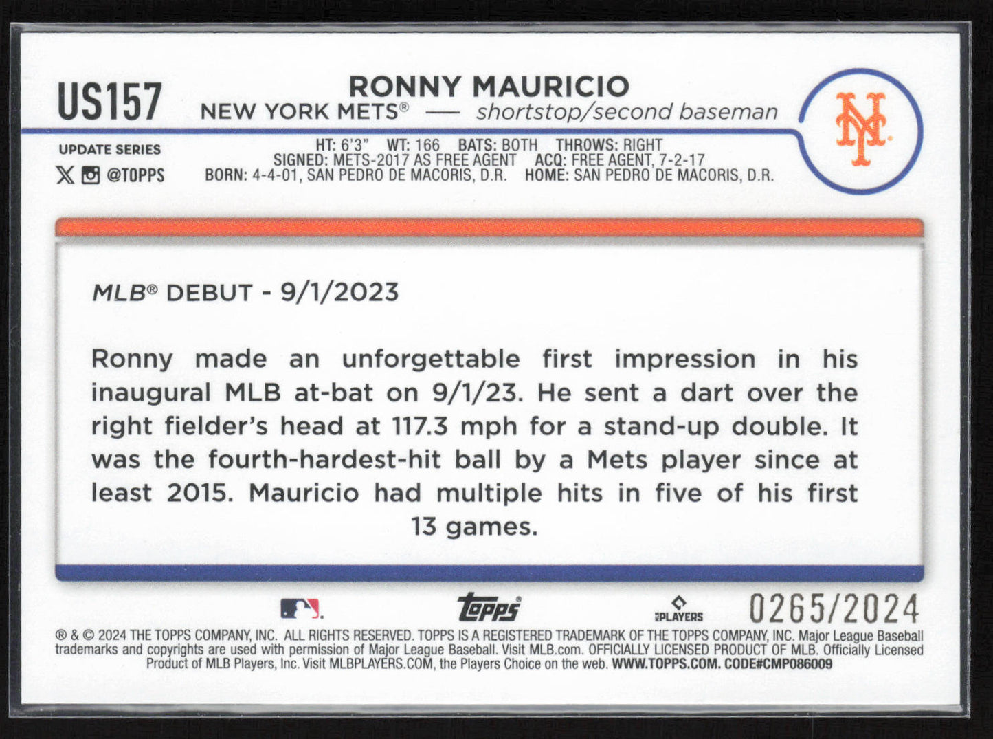 2024 Topps Update #US157 Ronny Mauricio Gold #/2024