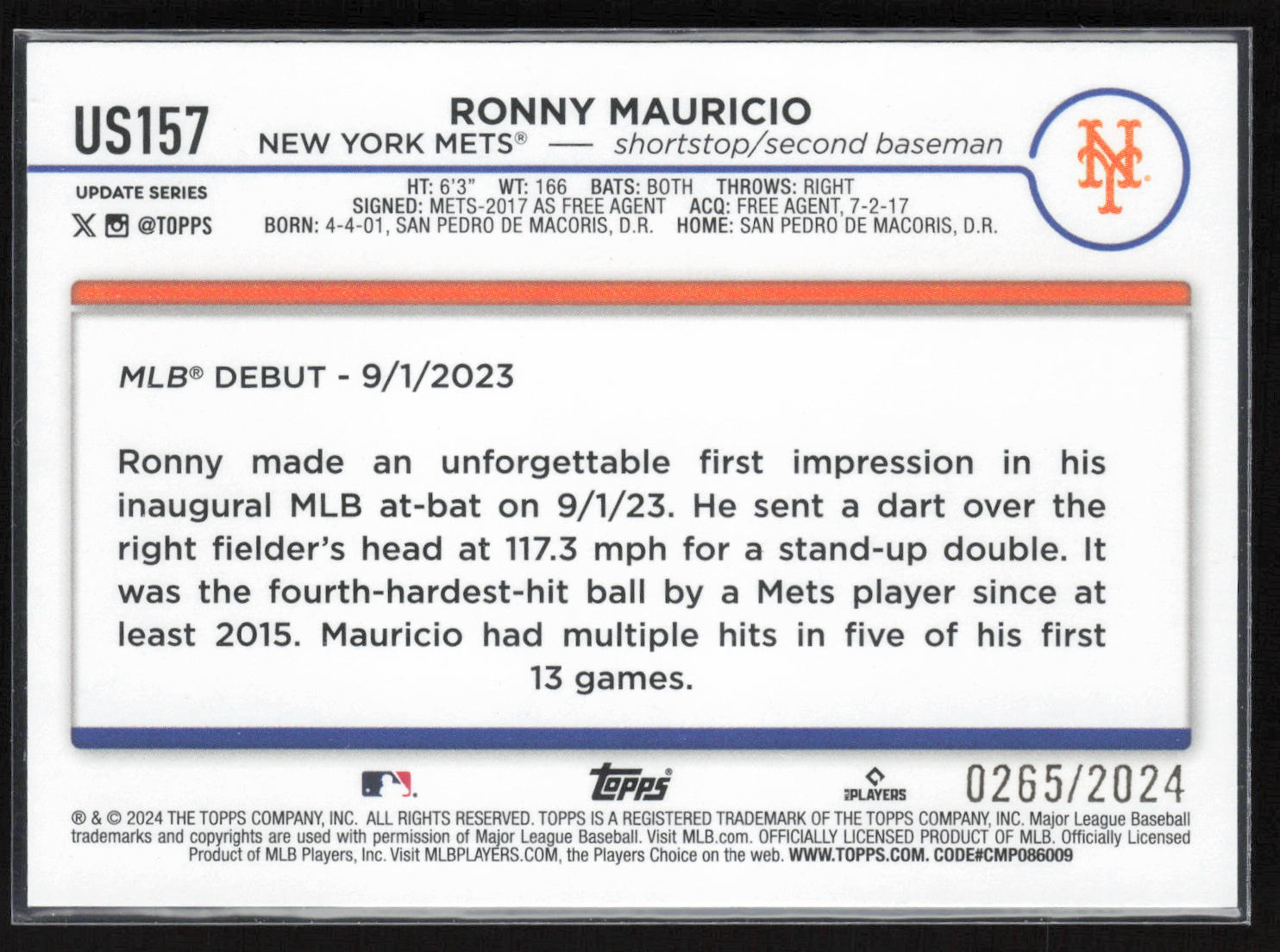 2024 Topps Update #US157 Ronny Mauricio Gold #/2024