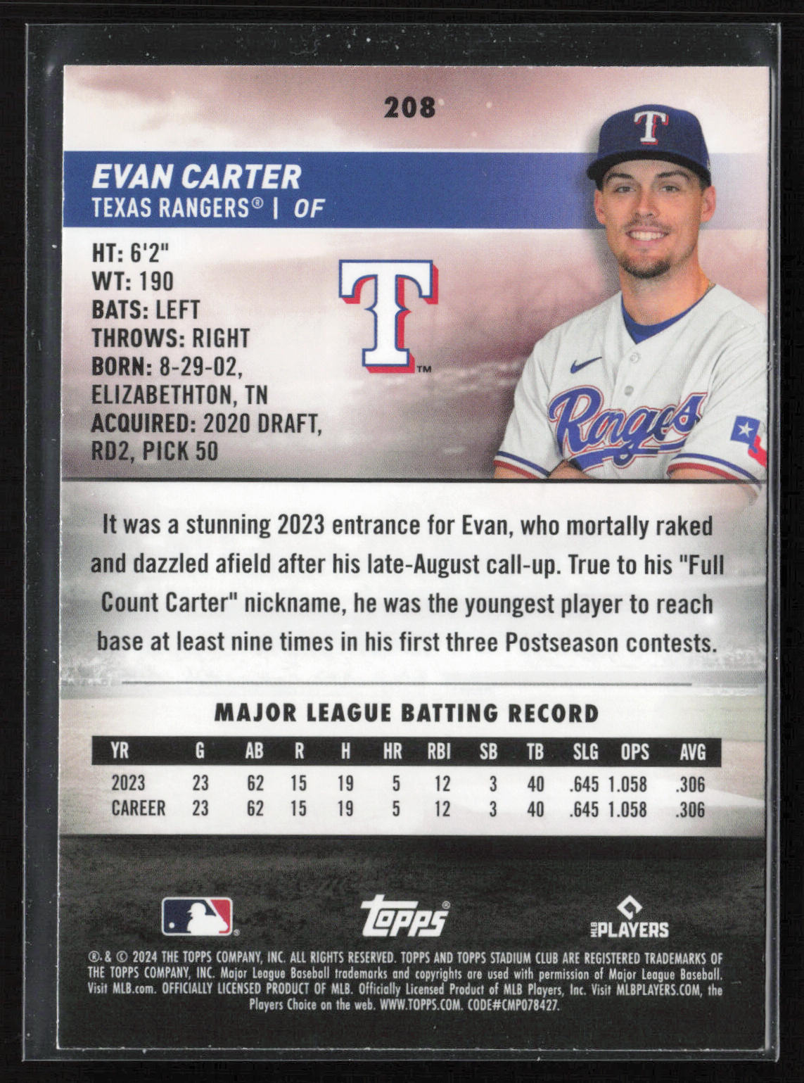 2024 Stadium Club #208 Evan Carter Red Foil