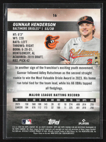 2024 Stadium Club #16 Gunnar Henderson Red Foil