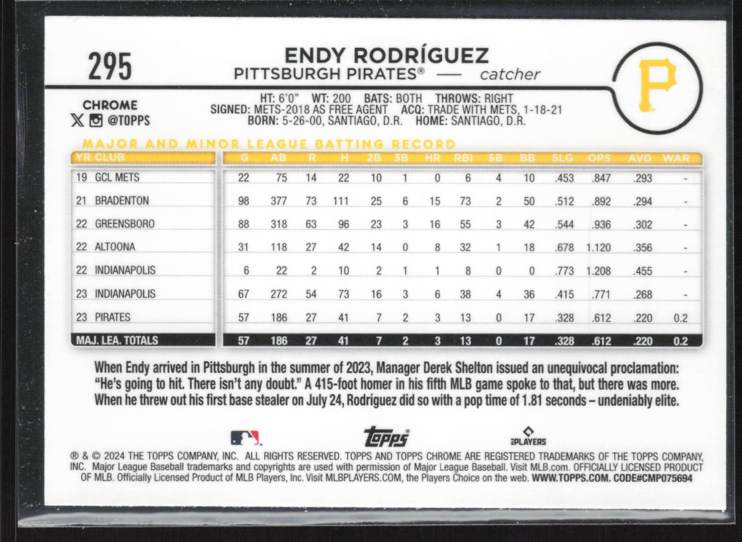 2024 Topps Chrome #295 Endy Rodríguez Pink Refractors