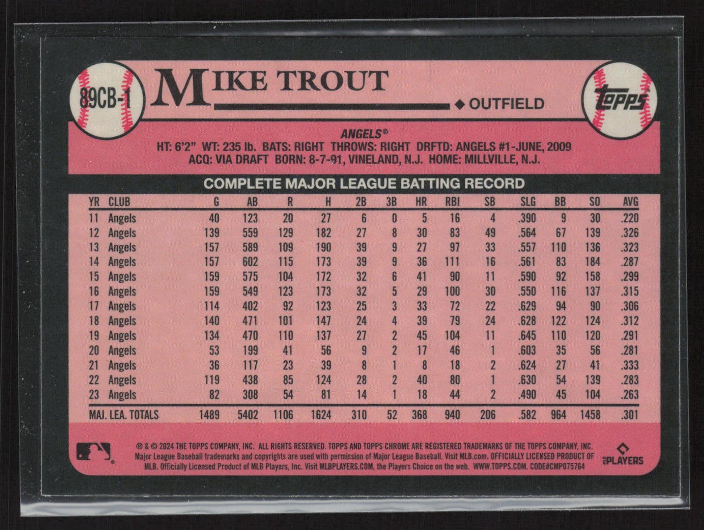 2024 Topps Chrome #89CB-1 Mike Trout 1989 Topps Baseball 35th Anniversary