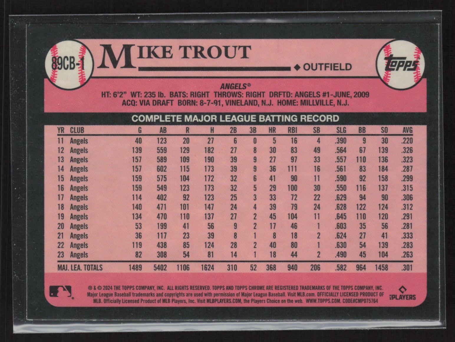 2024 Topps Chrome #89CB-1 Mike Trout 1989 Topps Baseball 35th Anniversary