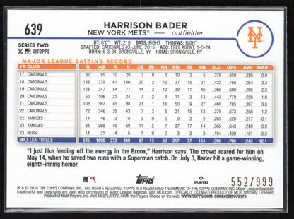 2024 Topps #639 Harrison Bader Blue Holofoil Blue Prizm #/999