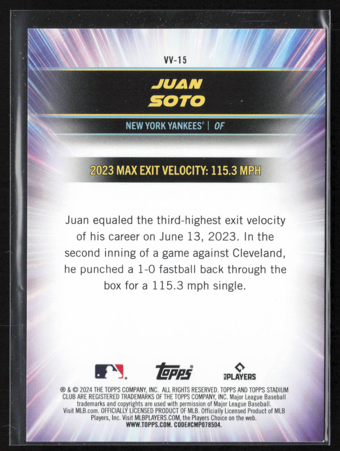 2024 Stadium Club #VV-15 Juan Soto Virtuosos of Velocity
