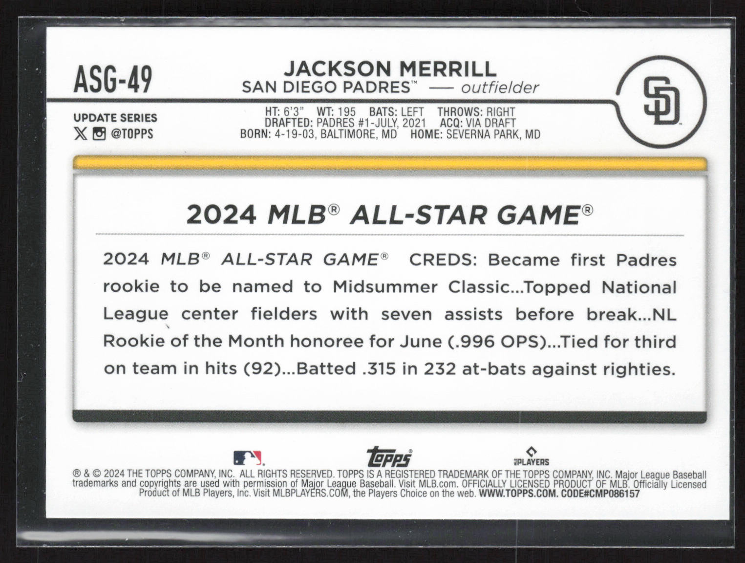 2024 Topps Chrome Update #ASGC-49 Jackson Merrill 2024 All Star Game Chrome