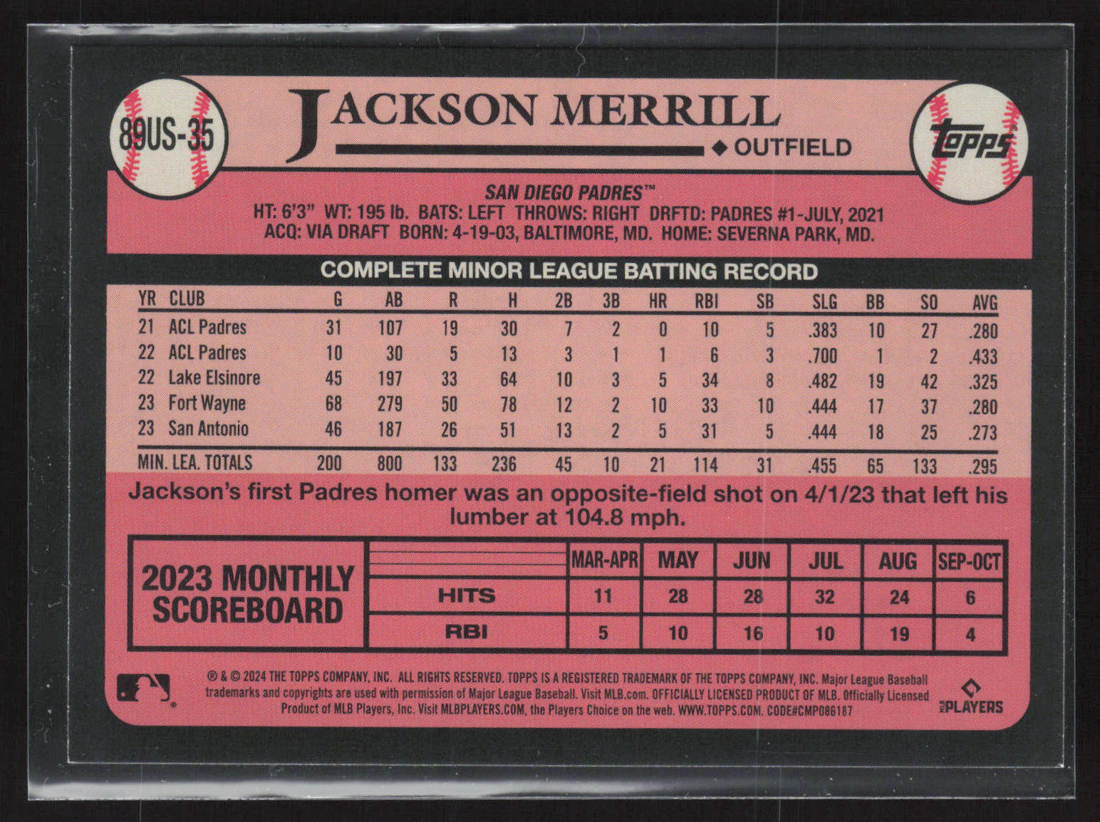 2024 Topps Update #89US-35 Jackson Merrill 1989 Topps Baseball 35th Anniversary