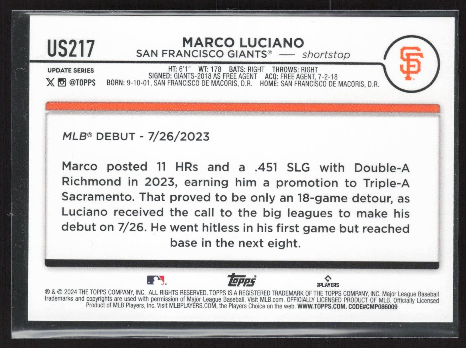 2024 Topps Update #US217 Marco Luciano Yellow