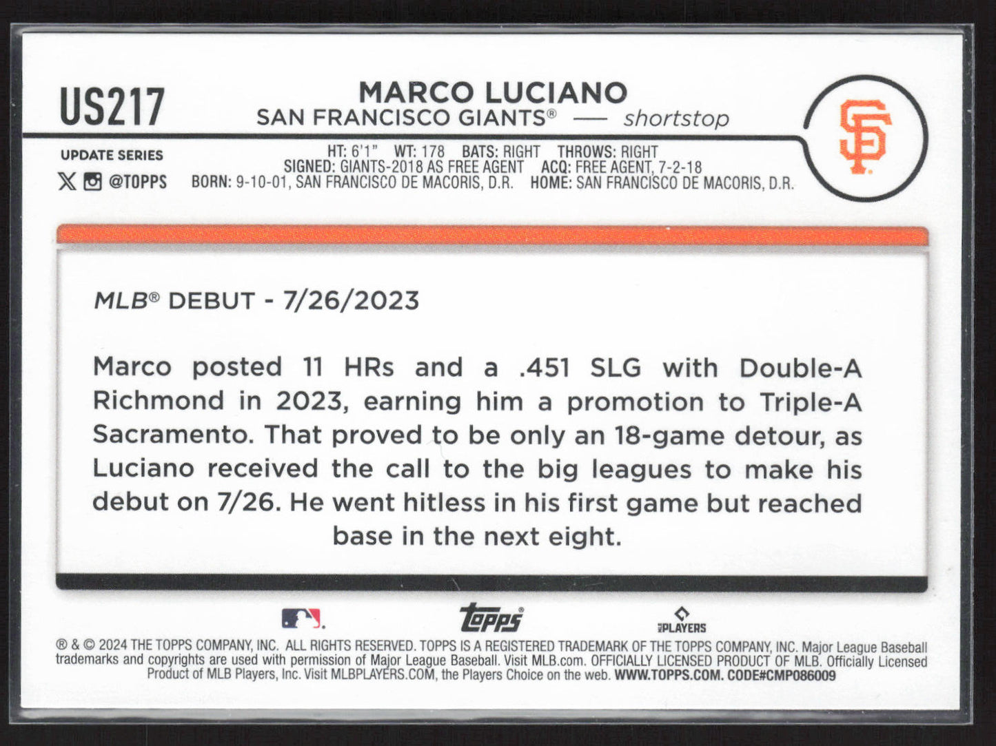 2024 Topps Update #US217 Marco Luciano Royal Blue