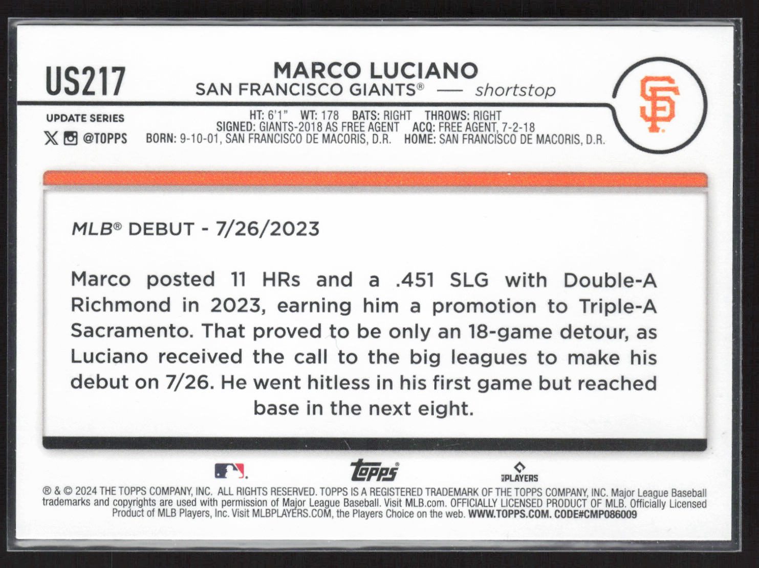 2024 Topps Update #US217 Marco Luciano Royal Blue