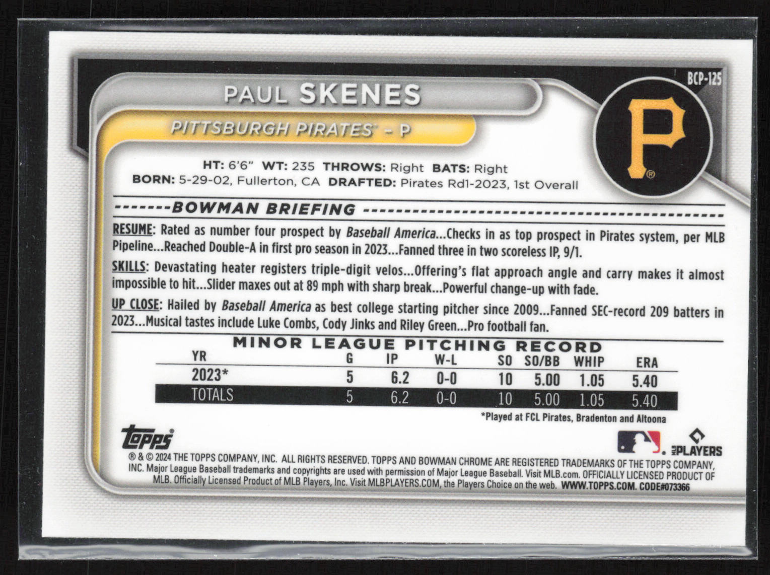 2024 Bowman #BCP-125 Paul Skenes Chrome Prospects Mojo Refractors