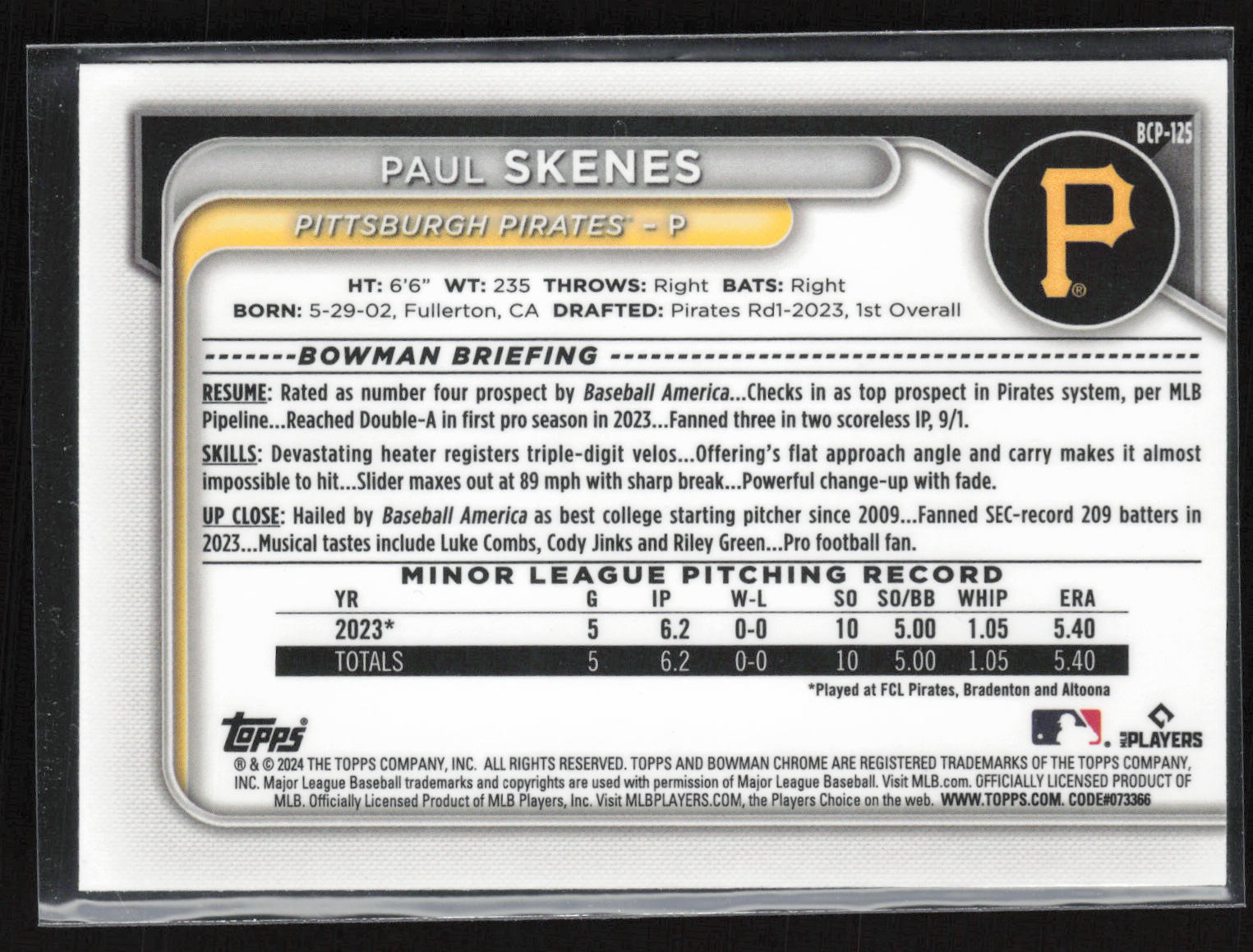 2024 Bowman #BCP-125 Paul Skenes Chrome Prospects Mojo Refractors