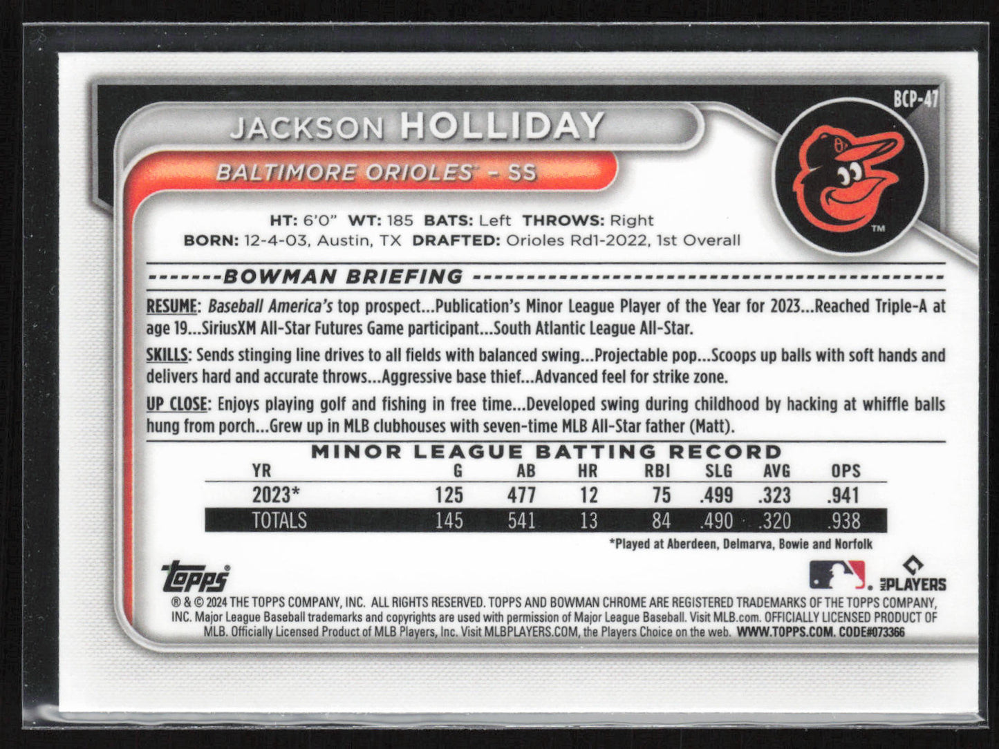 2024 Bowman #BCP-47 Jackson Holliday Chrome Prospects Mojo Refractor