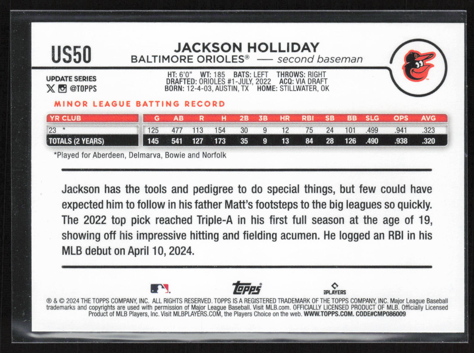 2024 Topps Update #US50 Jackson Holliday