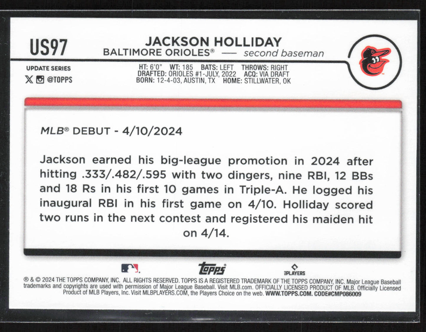 2024 Topps Update #US97 Jackson Holliday