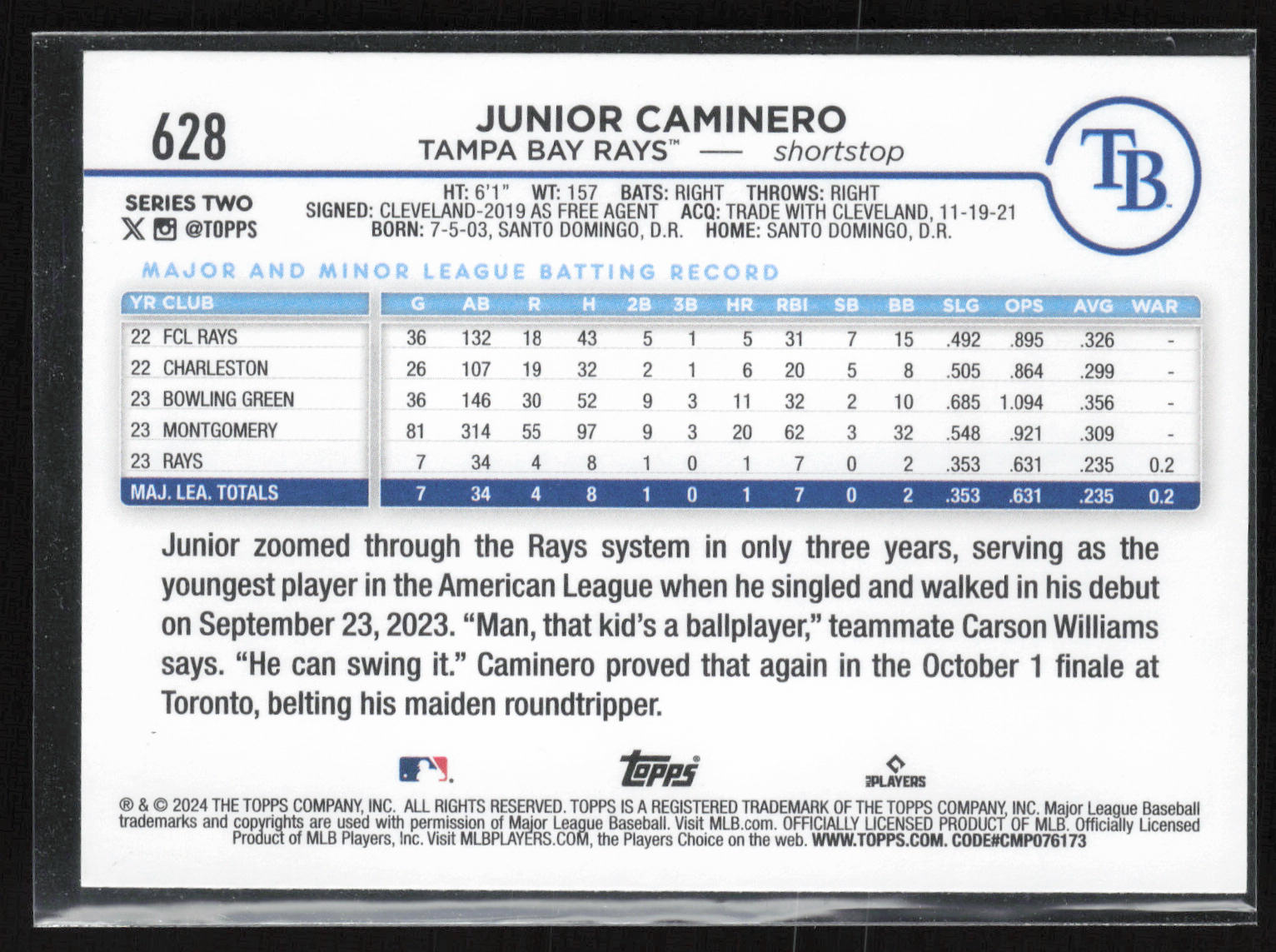 2024 Topps #628 Junior Caminero Yellow