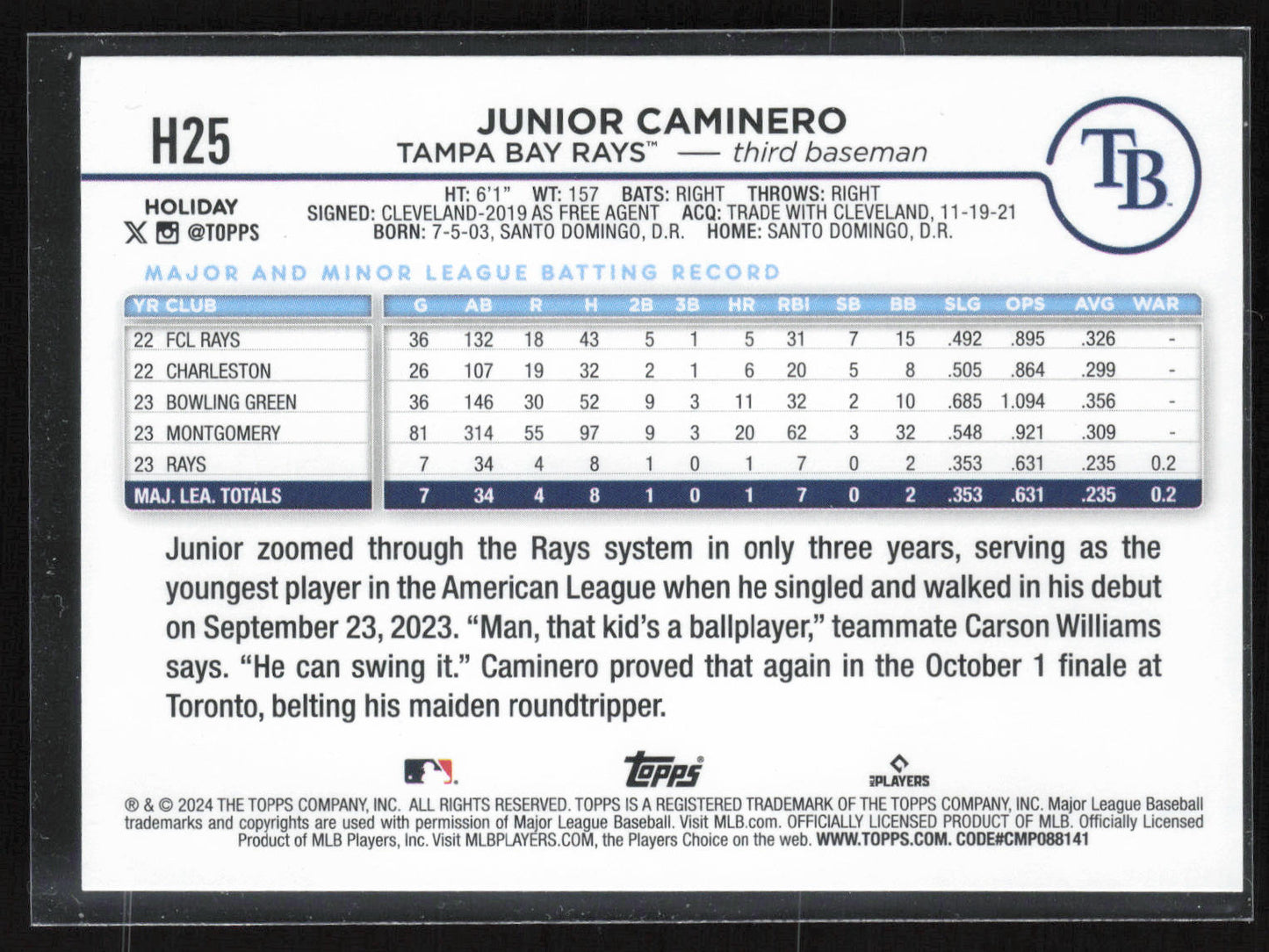 2024 Topps Holiday #H25 Junior Caminero