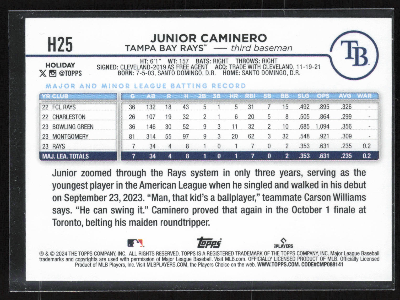 2024 Topps Holiday #H25 Junior Caminero