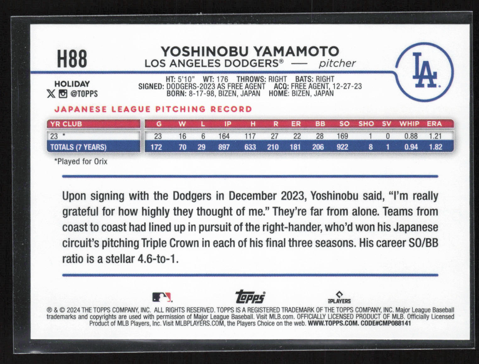 2024 Topps Holiday #H88 Yoshinobu Yamamoto
