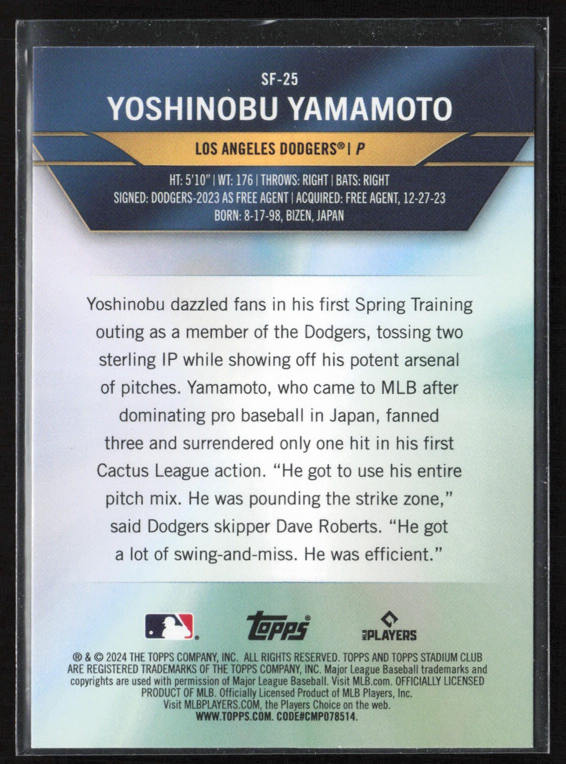 2024 Stadium Club #SF-25 Yoshinobu Yamamoto Special Forces