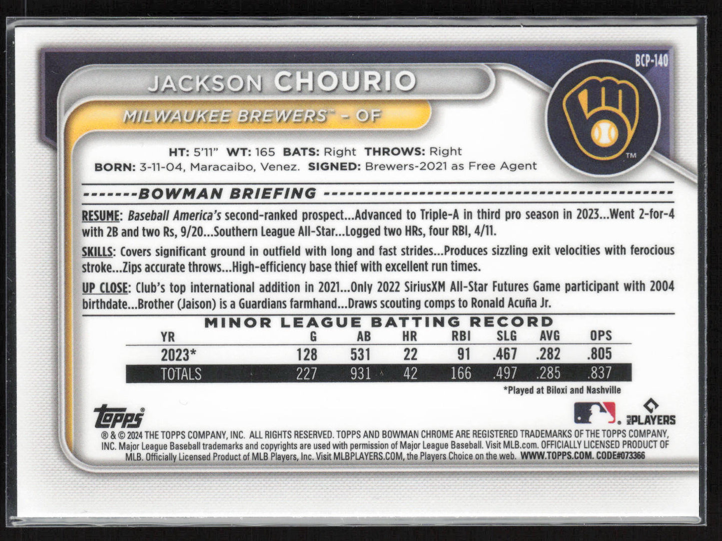 2024 Bowman #BCP-140 Jackson Chourio Chrome Prospects