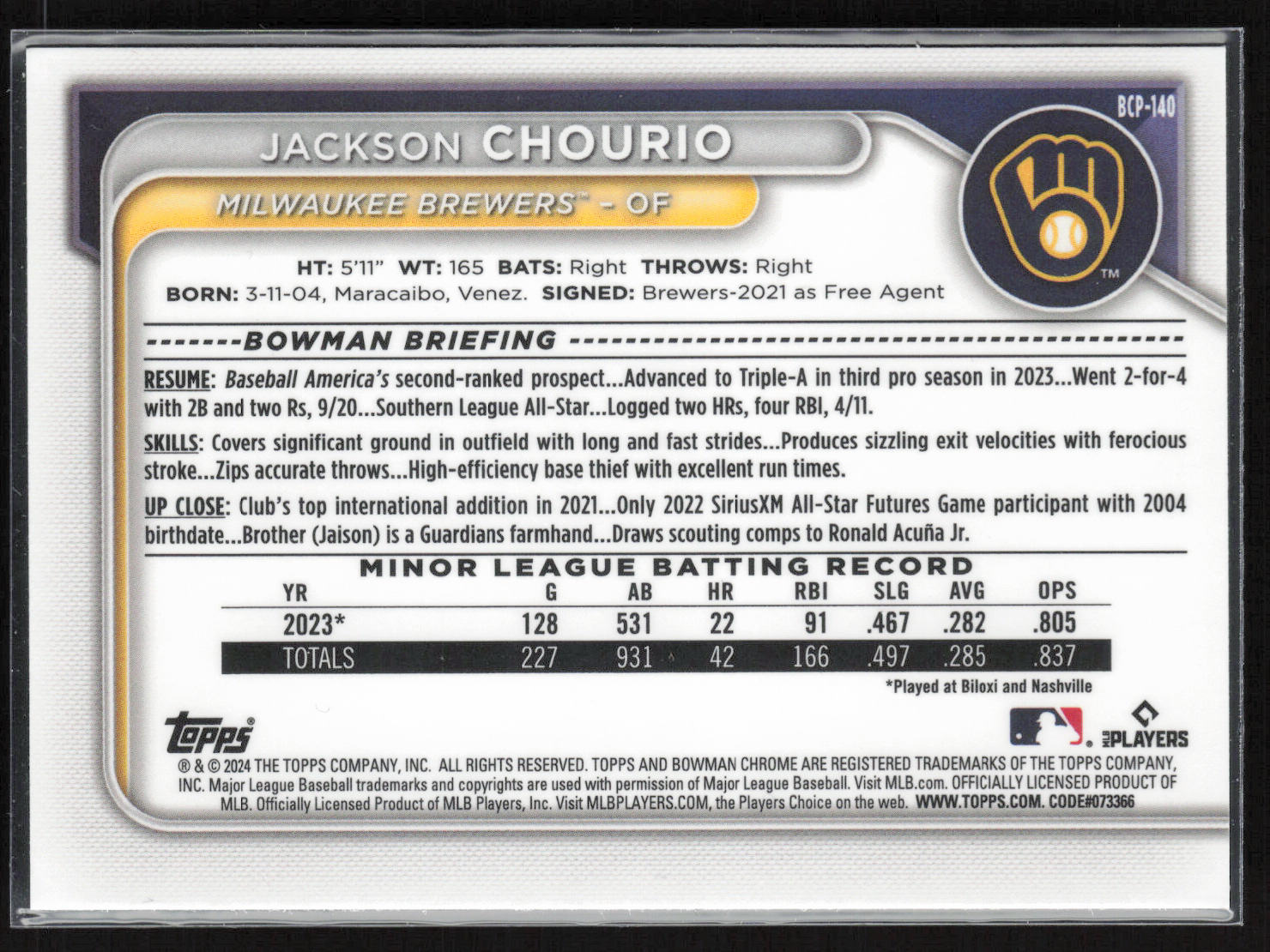 2024 Bowman #BCP-140 Jackson Chourio Chrome Prospects