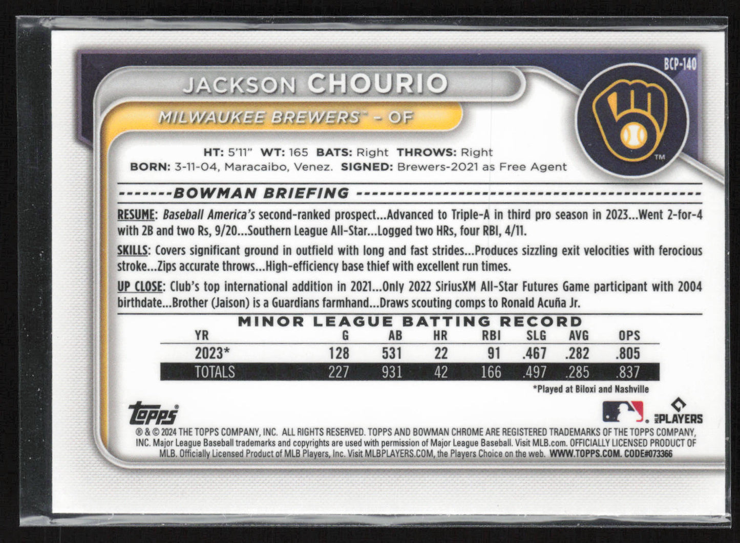 2024 Bowman #BCP-140 Jackson Chourio Chrome Prospects Mojo Refractors