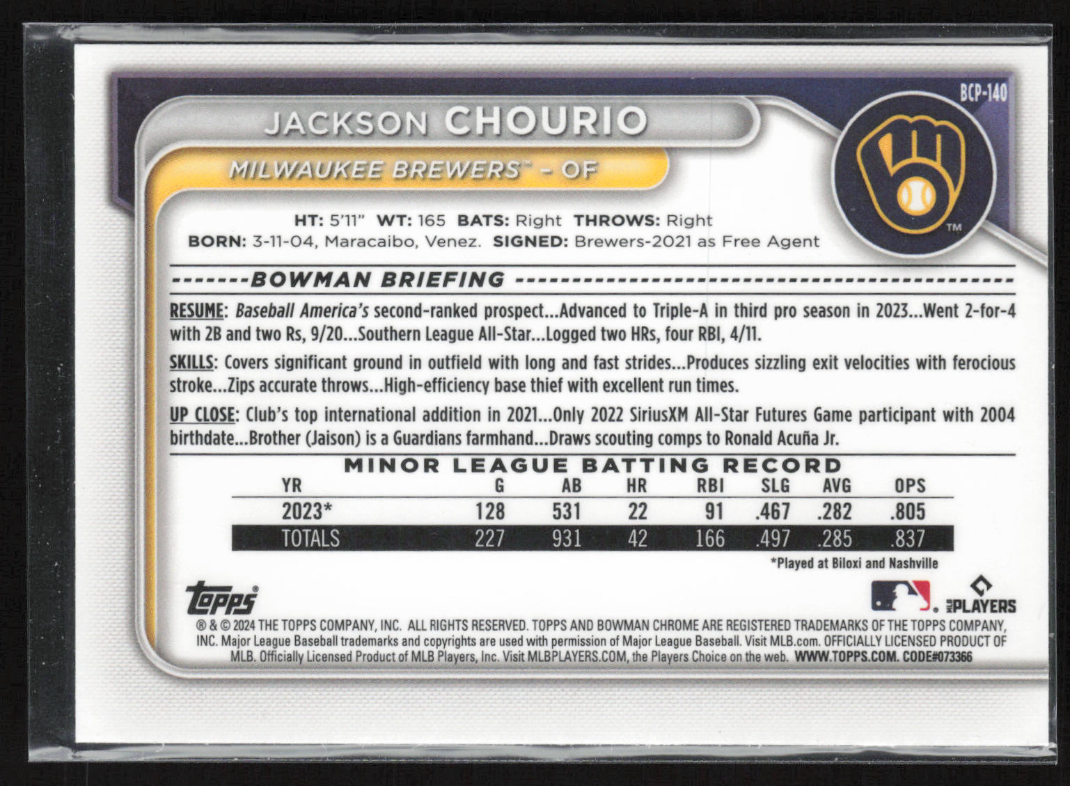 2024 Bowman #BCP-140 Jackson Chourio Chrome Prospects Mojo Refractors