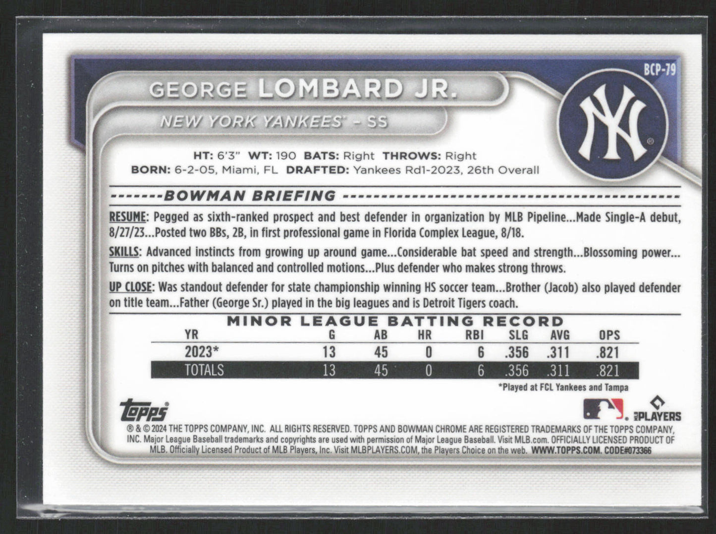 2024 Bowman #BCP-79 George Lombard Jr. Chrome Prospects Mojo Refractors