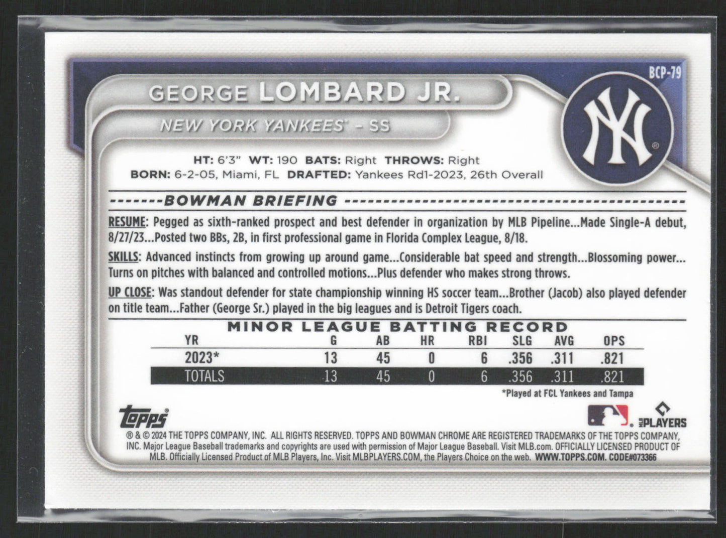 2024 Bowman #BCP-79 George Lombard Jr. Chrome Prospects Mojo Refractors