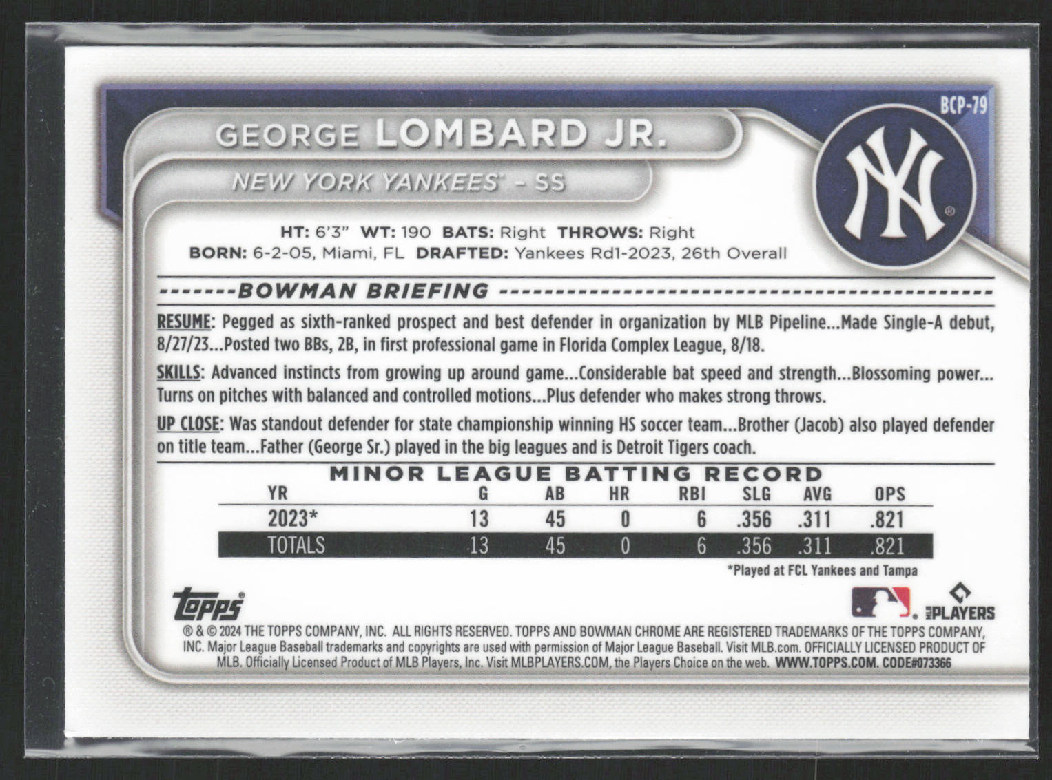 2024 Bowman #BCP-79 George Lombard Jr. Chrome Prospects Mojo Refractors