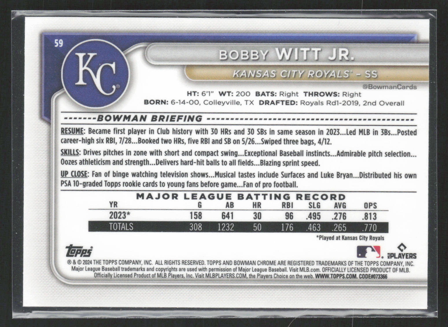 2024 Bowman #59 Bobby Witt Jr. Chrome Mojo Refractors