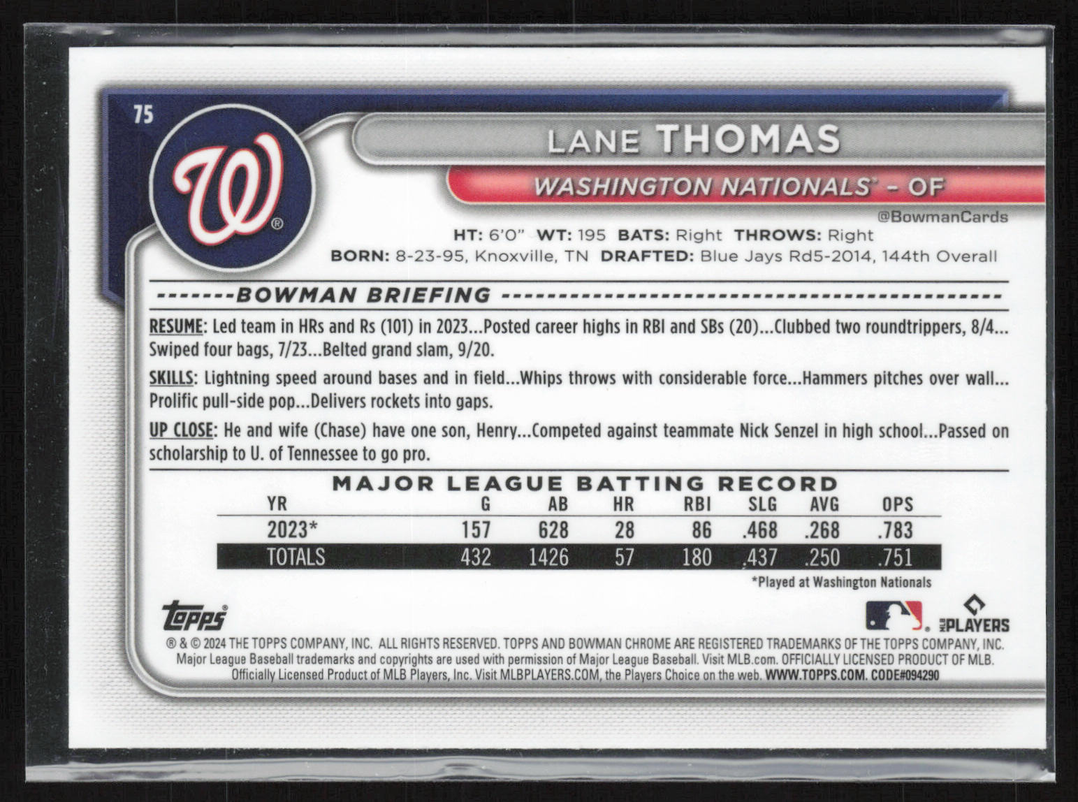 2024 Bowman Chrome #75 Lane Thomas Mojo Refractors