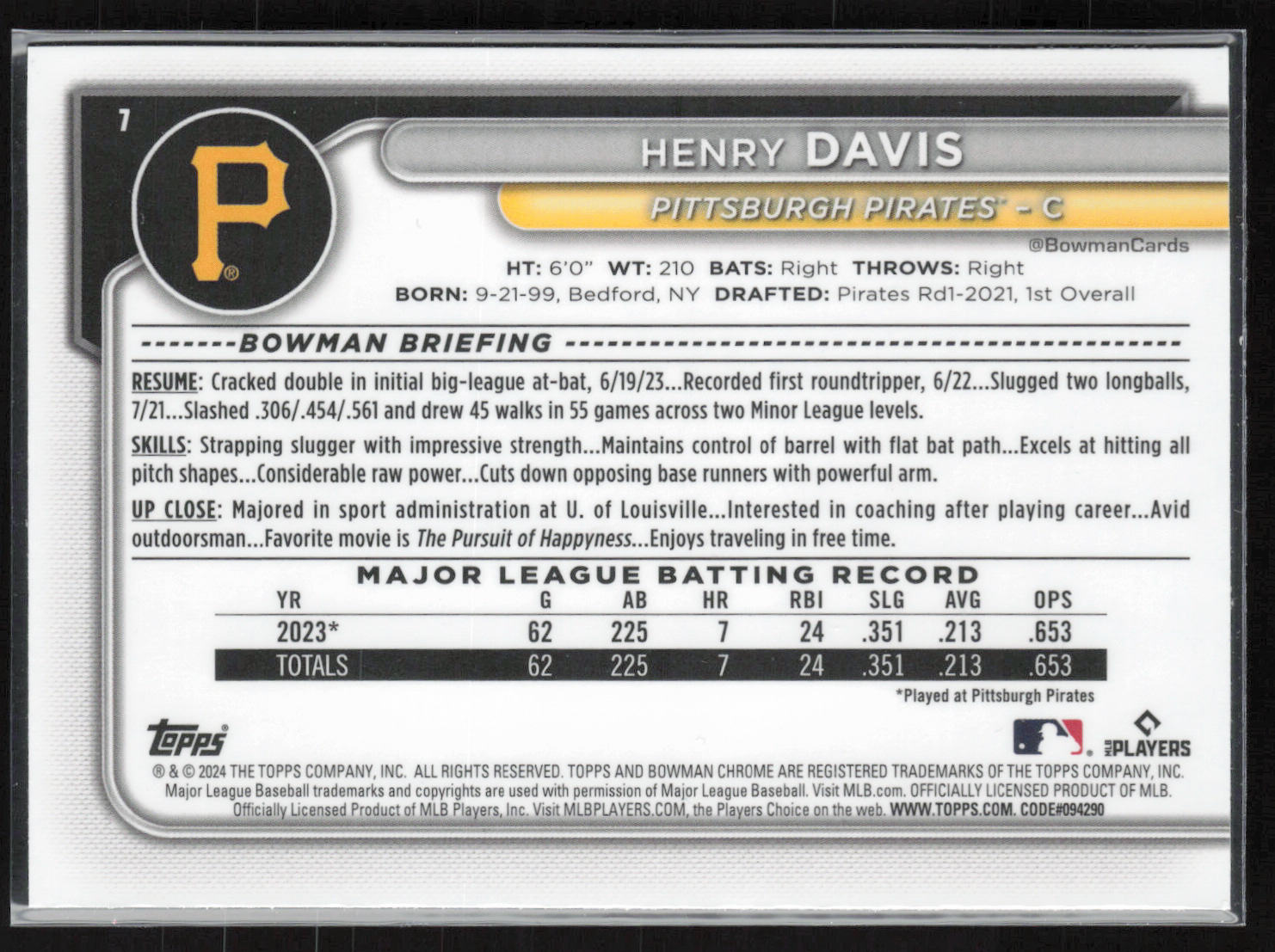 2024 Bowman Chrome #7 Henry Davis Mojo Refractors