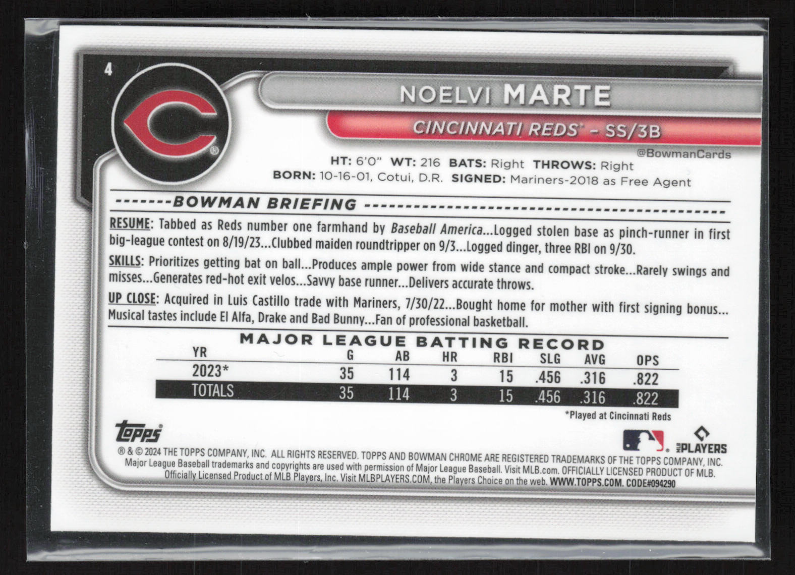 2024 Bowman Chrome #4 Noelvi Marte Mojo Refractors