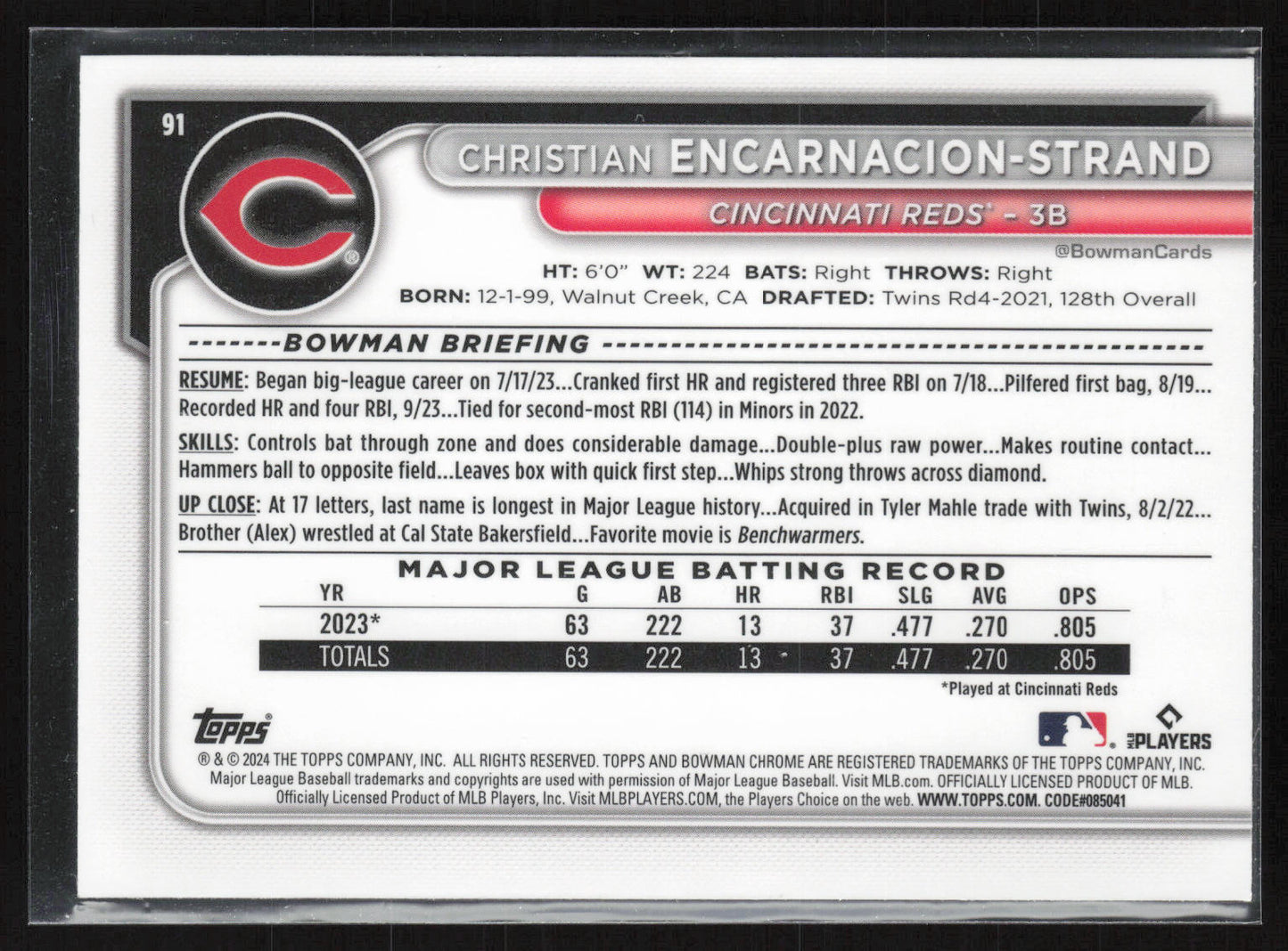 2024 Bowman Chrome #91 Christian Encarnacion-Strand Green Refractors #/99