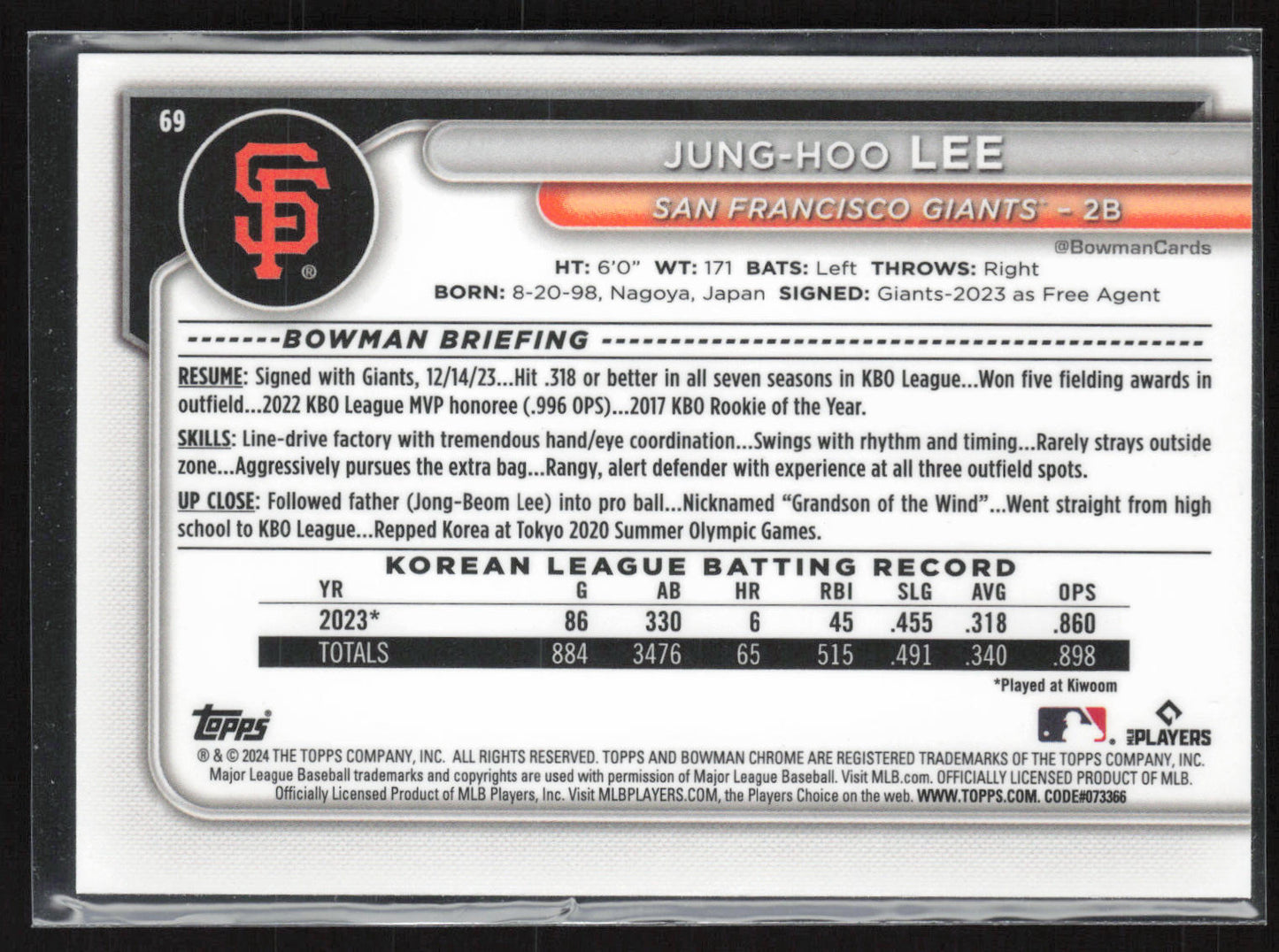 2024 Bowman #69 Jung-hoo Lee Chrome Mojo Refractors