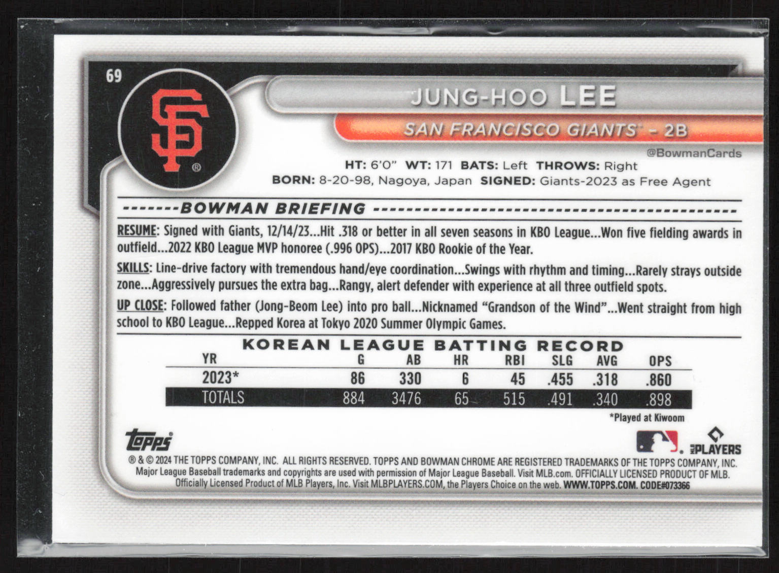 2024 Bowman #69 Jung-hoo Lee Chrome Mojo Refractors