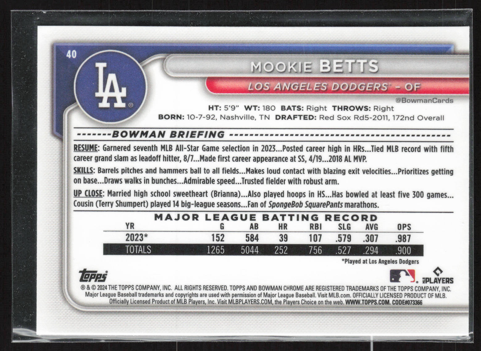 2024 Bowman #40 Mookie Betts Chrome Purple Mojo Refractors #/250