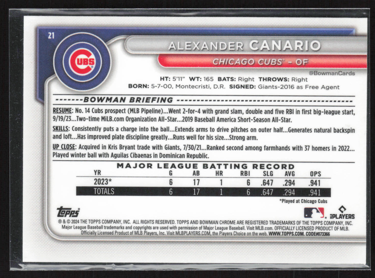 2024 Bowman #21 Alexander Canario Chrome Navy Mojo Refractors #/175