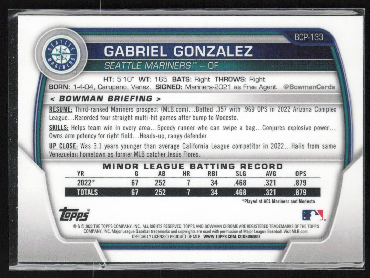 2023 Bowman #BCP-133 Gabriel Gonzalez Chrome Prospects Mojo Refractors