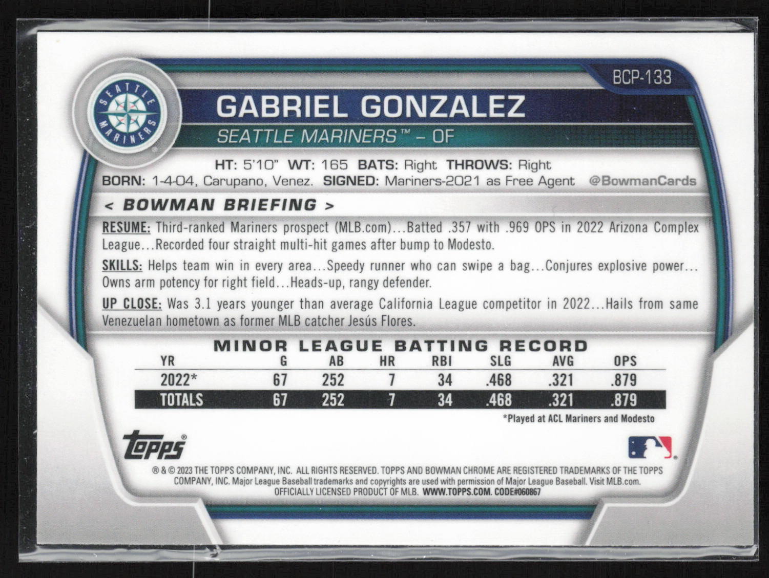 2023 Bowman #BCP-133 Gabriel Gonzalez Chrome Prospects Mojo Refractors
