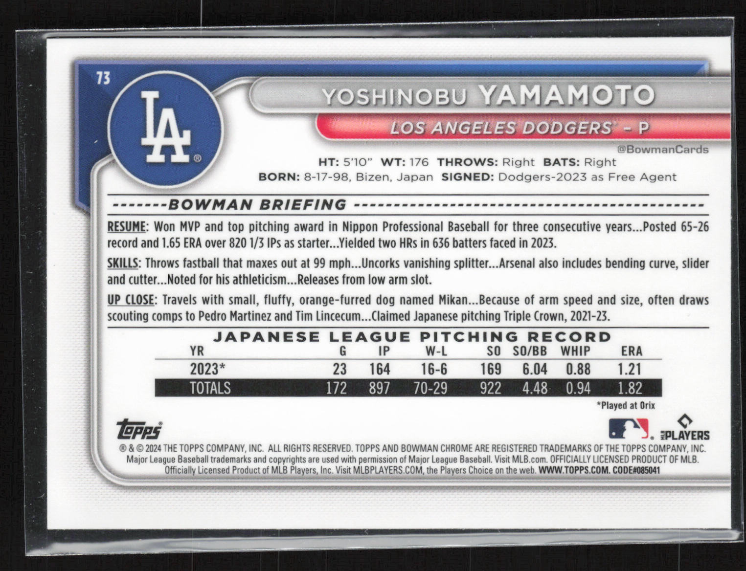 2024 Bowman Chrome #73 Yoshinobu Yamamoto