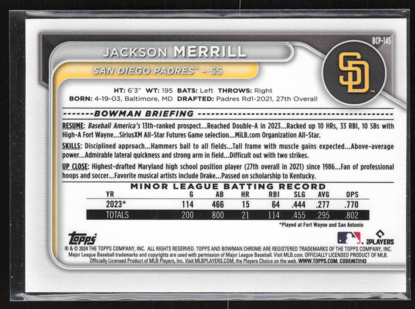 2024 Bowman #BCP-145 Jackson Merrill Chrome Prospects