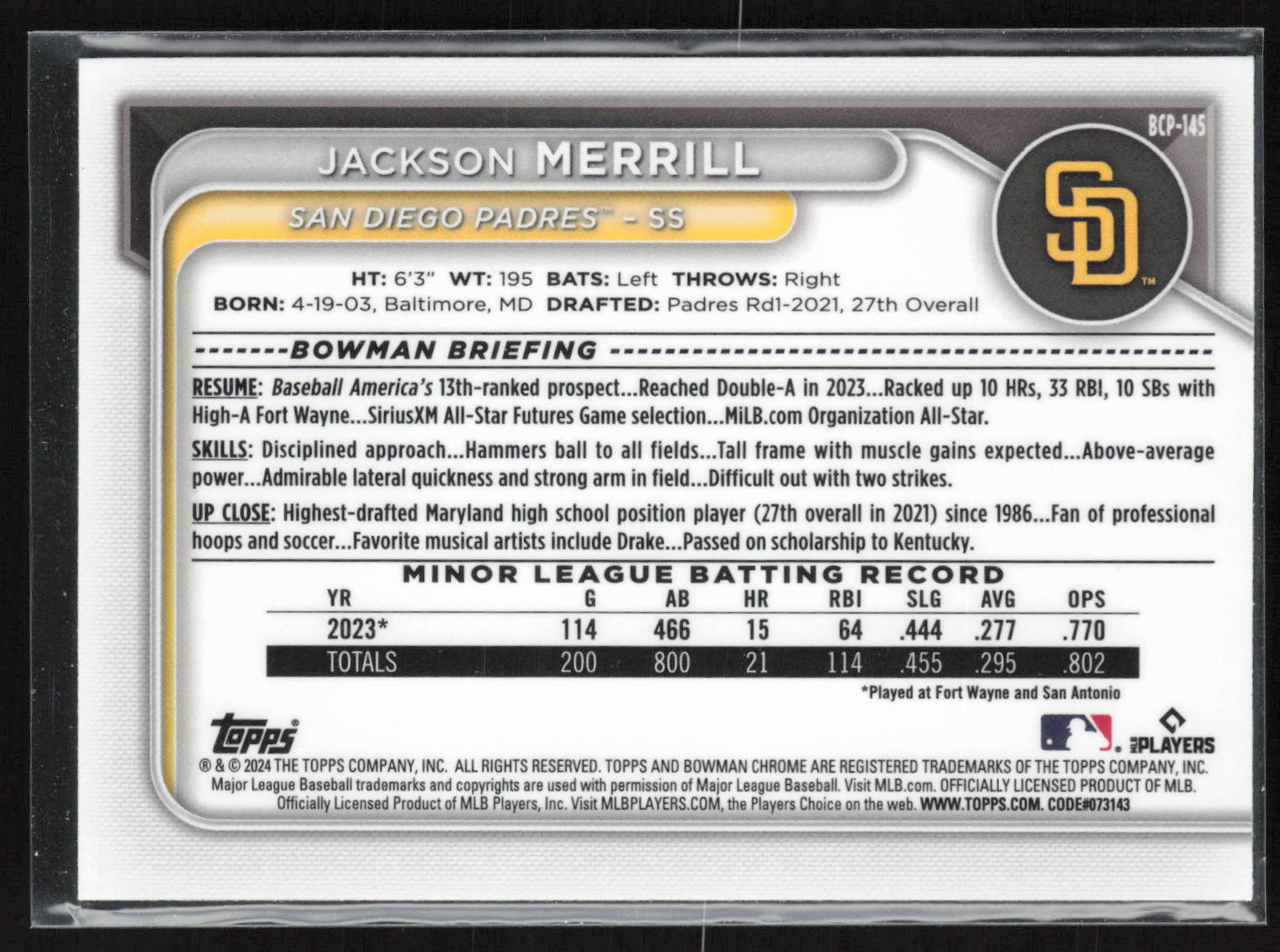 2024 Bowman #BCP-145 Jackson Merrill Chrome Prospects
