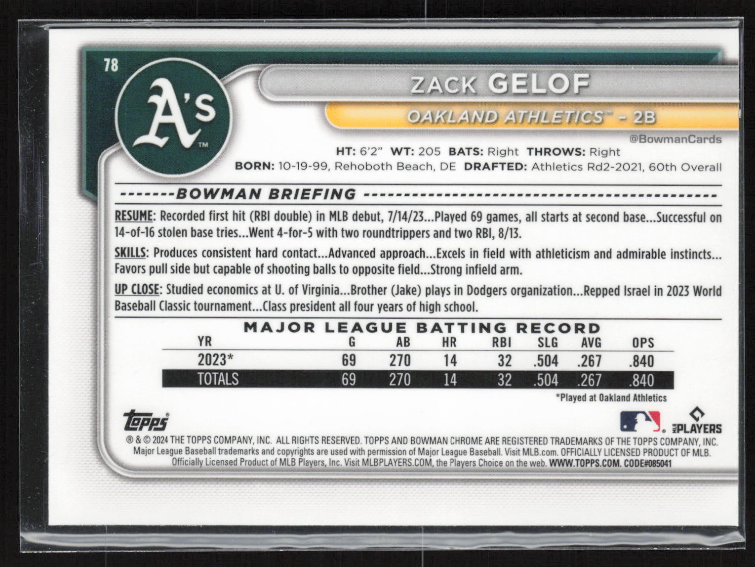2024 Bowman Chrome #78 Zack Gelof