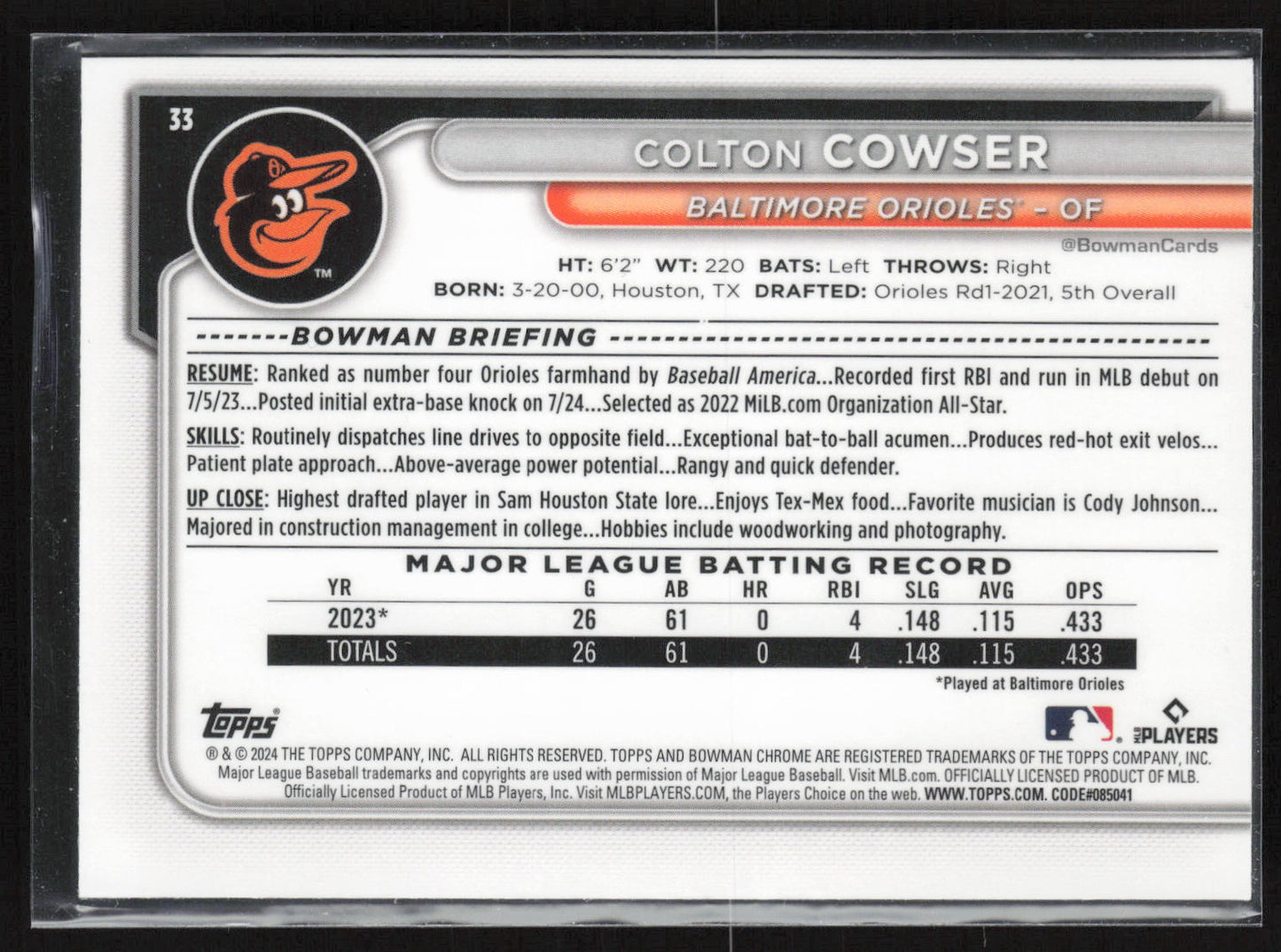 2024 Bowman Chrome #33 Colton Cowser